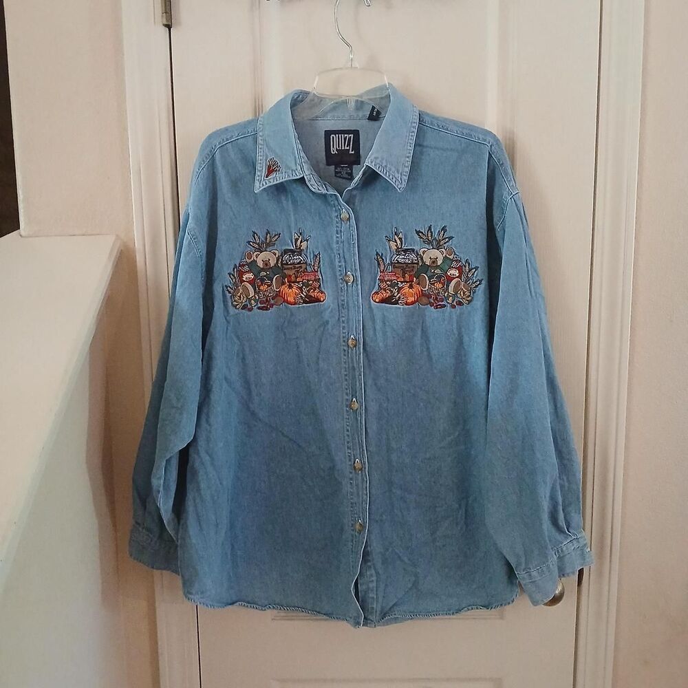 Vintage 90s Quizz Embroidered Teddy Bear Fall Harvest Pumpkin Denim Shirt 22